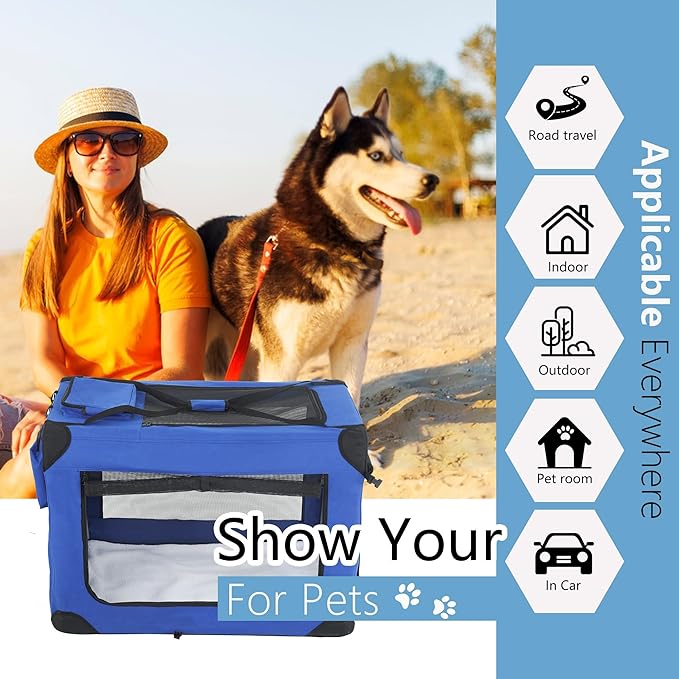 FDW 42 Inch Soft Collapsible Dog Crate 3-Door Open Dog Kennel with Mesh Window Portable Travel Pet Crate Indoor & Outdoor Pet Home, Blue