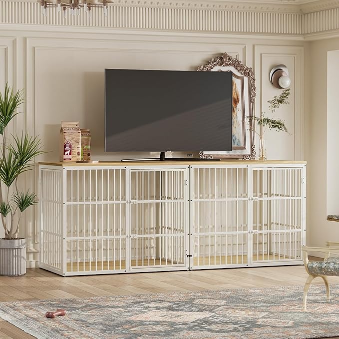 94.48'' Dog Crate Furniture Large Breed TV Stand with Double Rooms for 2 Large Medium Dogs, Wooden Indoor Kennel Crate Cage End Table with Removable Divider, Can Use Separately, Natural Beech