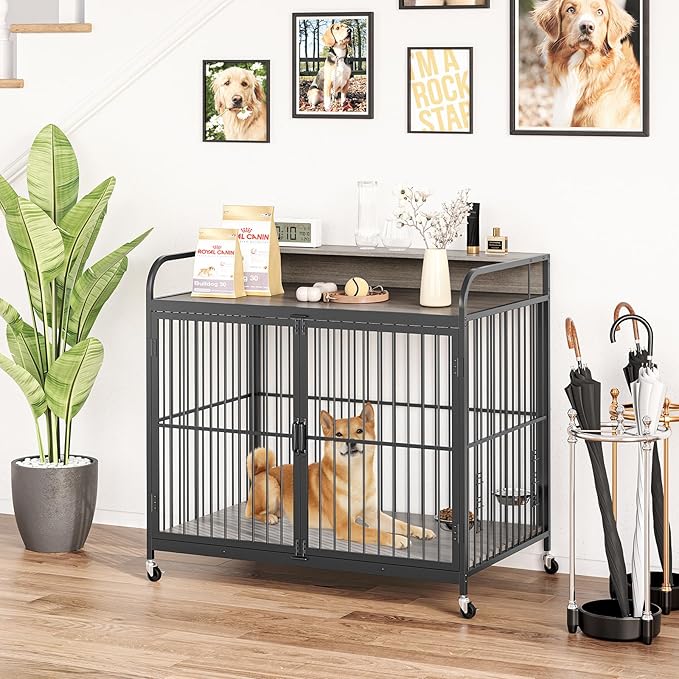 GAOMON Dog Crate Furniture, Dog Crate Indoor with Adjustable Height Bowls, Wooden Heavy Duty, 39.8 Inch Dog Kennel Furniture for Medium Dogs, 39.8" L X 22.5" W X 38.6" H,Grey