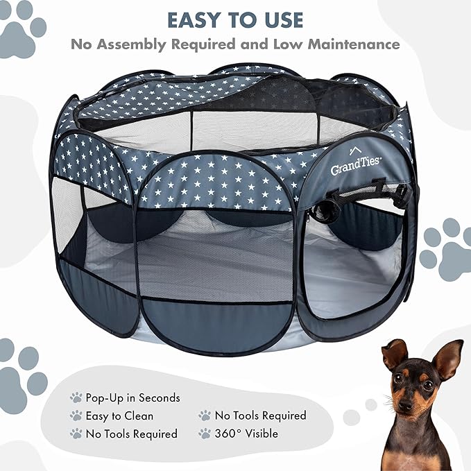 GrandTies Waterproof Dog & Cat Playpen – Foldable Pet Tent for Indoor & Outdoor, Pop-Up Kennel for Puppies, Kittens & Rabbits – Portable Travel Crate with Carrying Case (Starry Night, Large)