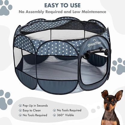 GrandTies Waterproof Dog & Cat Playpen – Foldable Pet Tent for Indoor & Outdoor, Pop-Up Kennel for Puppies, Kittens & Rabbits – Portable Travel Crate with Carrying Case (Starry Night, Large)