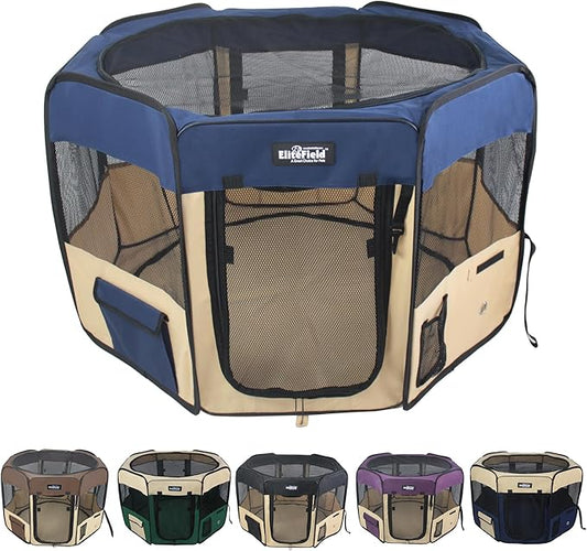 EliteField 2-Door Soft Pet Playpen (2 Year Warranty), Exercise Pen, Multiple Sizes and Colors Available for Dogs, Cats and Other Pets (62" x 62" x 36"H, Navy Blue+Beige)