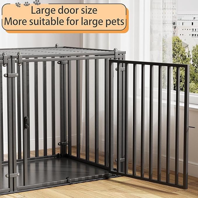 Steel Tube Heavy Large Dog Crate with Mat Base, 55" L x 32" H Dog Crates for Medium Large Dogs, Big Dog Cage, Dog Kennel, Puppy Dog Playpen with Top, Pet Cage, Indoor, Black2