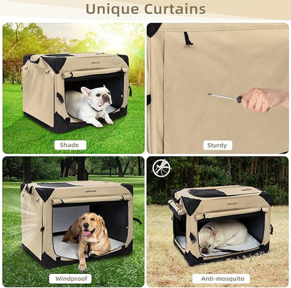 Pettycare 26 Inch Collapsible Dog Crate with Curtains Travel Dog Crate for Airflow and Calm Soft Pet Kennel with Portable Bag and More Chew Proof Mesh Indoor & Outdoor Beige 4 Door Curtains