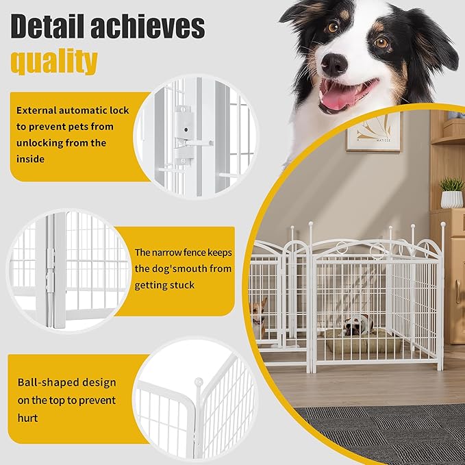 24" H Dog Crate Dog Playpen 8 Panels Furniture Heavy Duty Dog Fence Door with Side Openings,Foldable Pet Exercise Pen for Large Medium Small Dogs Indoor Outdoor,White