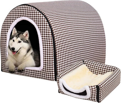 Dog Bed,2 Ways to Use,Indoor Pet House with Fluffy Mat,Removable and Washable Cover,Non-Slip Bottom,for Extra Large Dogs(3XL Brown Cranes)