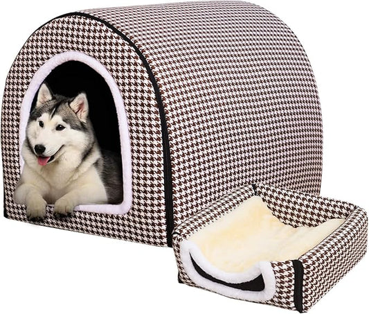 Dog Bed,2 Ways to Use,Indoor Pet House with Fluffy Mat,Removable and Washable Cover,Non-Slip Bottom,for Extra Large Dogs(3XL Brown Cranes)