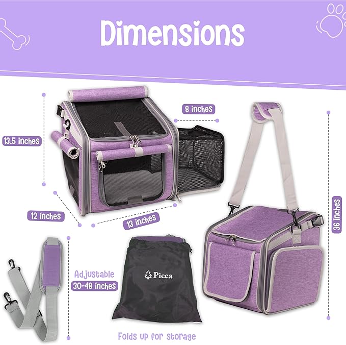 Dog Bike Basket, Mesh Windows, 2 Safety Leashes, Soft Sided, Safe Comfortable Pet Carrier for Small Dogs, Cats (Purple)