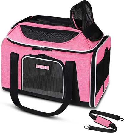 Petskd Top-Expandable Pet Carrier 18x13x9.5 Inches Southwest Allegiant Airline Approved, Soft-Sided Carrier for Small Cats and Dogs with Locking Safety Zippers and Anti-Scratch Mesh(Pink)