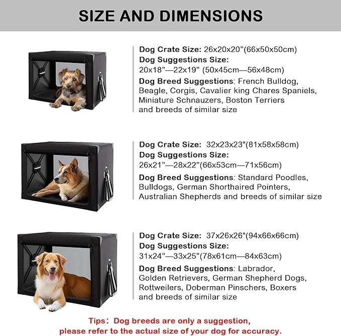 Travel Dog Crate - 37 Inch Collapsible Portable Foldable Crates for Large Dogs with Detachable Storage Bag, Removable Pad, and Mesh Windows for Outdoor & Indoor (Black)