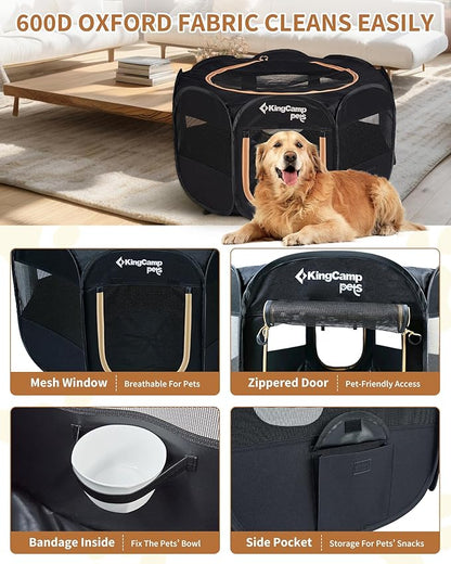 KingCamp Dog Playpen, Portable Foldable Cat Kitten Puppy Tent Crates 29"/36"/50" Pop Up Pet Playpen with Zippered Bottom & Cover for Indoor Outdoor Use (X-Large, Black)