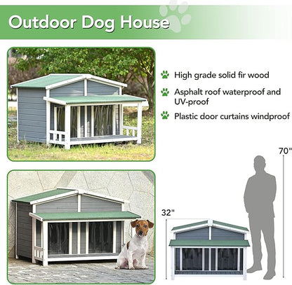 Merax 47" Outdoor Wooden Dog House with Porch, Asphalt Roof, 2" Height Raised Feet and Two Plastic Door Curtains, Brown