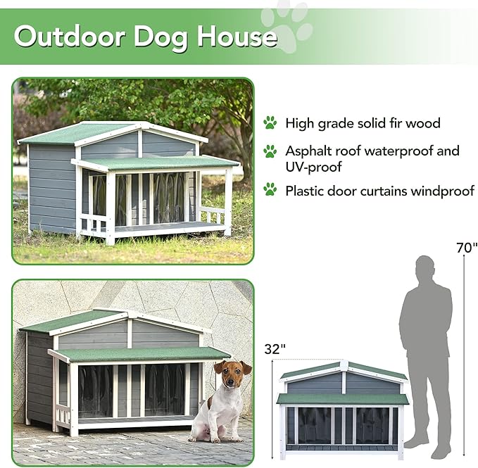 YOTPO 47.2" Wooden Indoor & Outdoor Medium Dog House with Porch Door and Removable Curtain,Pet Kennel with Weatherproof Solid Wood,for Yard,Garden,Living Room,Villa,Gray