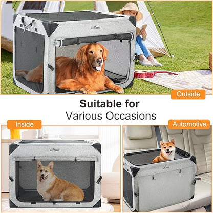Collapsible Dog Crate for Large Dogs, Portable Travel Dog Crate Soft Pet Kennel with 4-Door Chew Proof Mesh Windows for Indoor & Outdoor