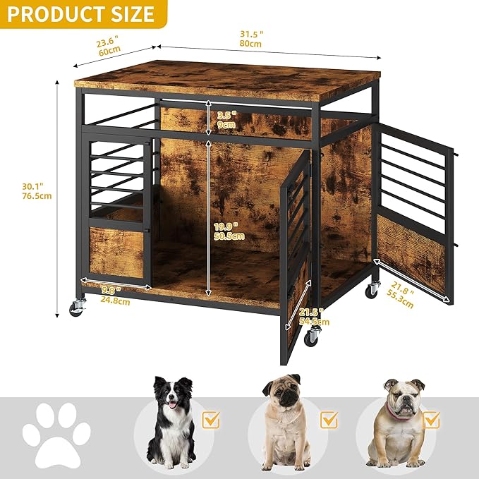 DWVO Dog Crate Furniture, 32 Inch Dog Kennel Indoor Furniture End Table Dog Crate for Dogs, Modern Decorative Dog Crate Wooden Dog Crate Furniture with Wheels, Chew-Resistant, Rustic Brown