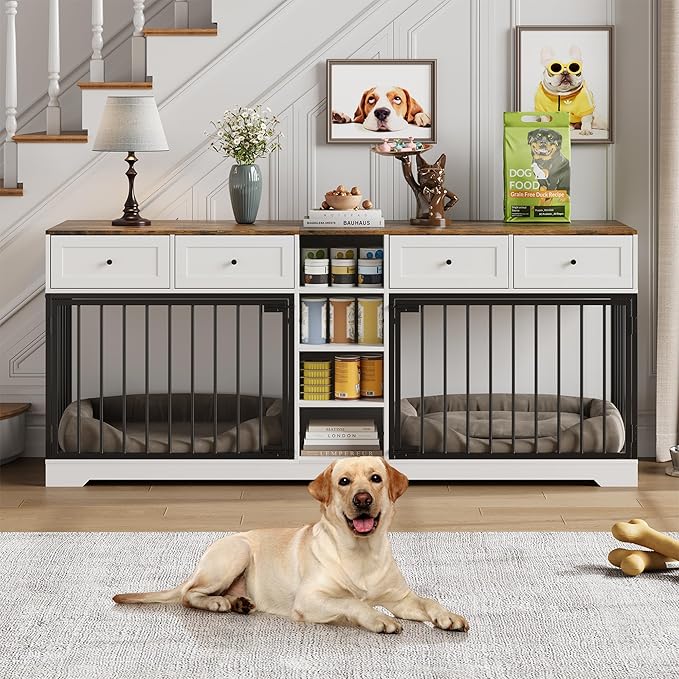 IDEALHOUSE 82” Large Dog Crate for 2 Dogs, Dog Kennel Indoor with 4 Drawers and Shelves, Double Dog Crate Furniture TV Stand, Wooden Dog Cage for Medium Large Dogs, White