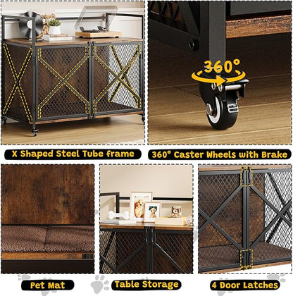 41 Inch Dog Crate Furniture, Heavy Duty Decorative Dog Cage with Lockable 360° Wheels, Double Door Dog Kennel End Table for for Small Medium Large Dog, Rustic Brown