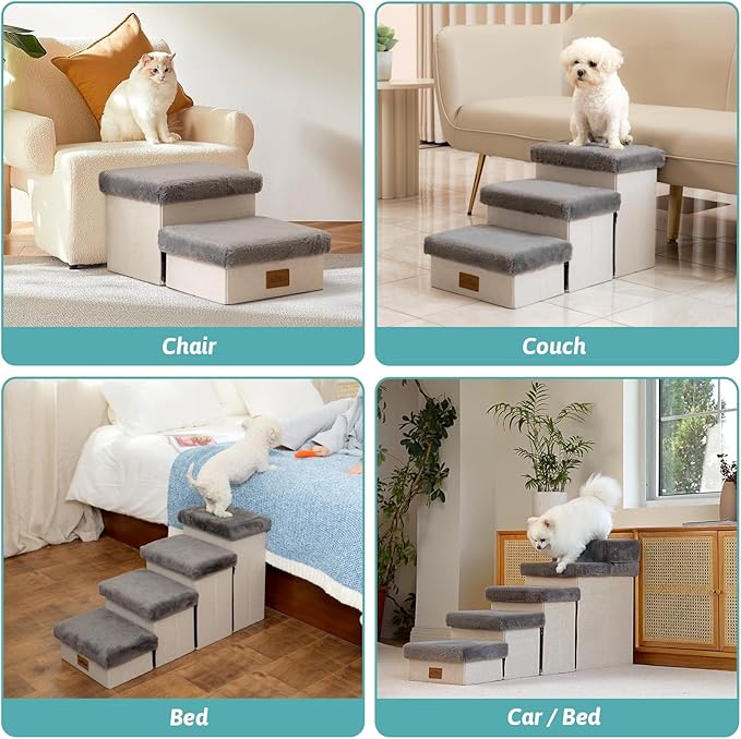Dog Stair for Small Dogs with Storage, 17.7" H Foldable Pet Step with Soft Leakproof Cover, Older Cat Ramp for Couch Sofa Bed, Lightweight, Comfort, 33x13x17.7 inch, 4 Tiers Grey