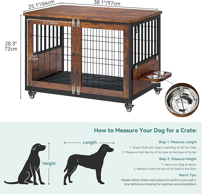 YITAHOME Dog Kennel Furniture with Feeder Bowls, 38.1" Dog Kennel End Table with Wheels and Flip Top, Furniture Style Dog Crate for Medium/Large Dogs, Brown