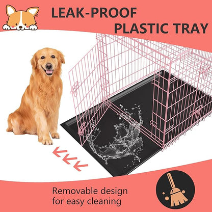 FDW XL Dog Crate Dog Kennel Cage with Double Door,42 inch Folding Metal Wire Dog Cage with Removable Tray&Divider Panel,Pet Crate for Medium Large Dogs,Pink