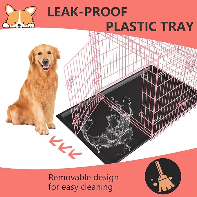 FDW XL Dog Crate Dog Kennel Cage with Double Door,42 inch Folding Metal Wire Dog Cage with Removable Tray&Divider Panel,Pet Crate for Medium Large Dogs,Pink