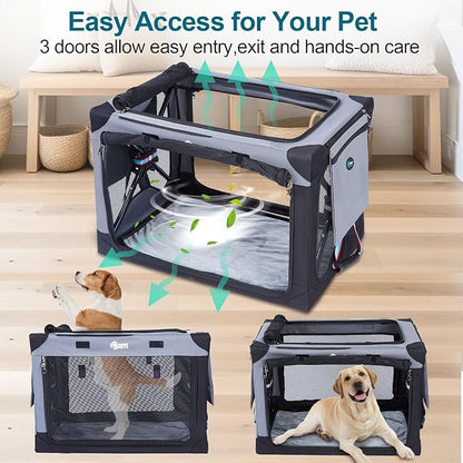 Ownpets Collapsible Dog Crate 32 Inch Portable Travel Dog Soft Crate with Detachable Storage Bag and Double-Sided Mat, 3-Door Dog Kennel for Indoor and Outdoor