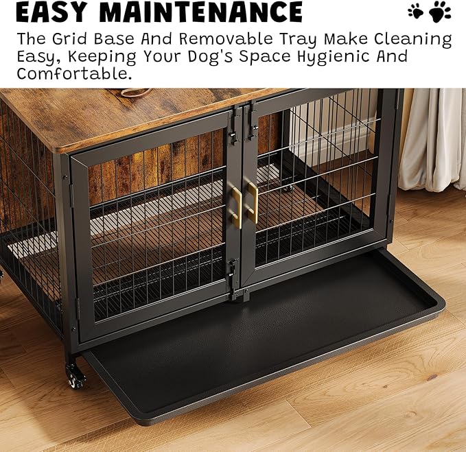 37.5 Inch Dog Kennel Furniture, Heavy Duty Dog Crate Furniture with Wheels, Grid Base, Removable Tray, Latches, Indoor Farmhouse Dog Cage for Medium and Small Dogs, Brown