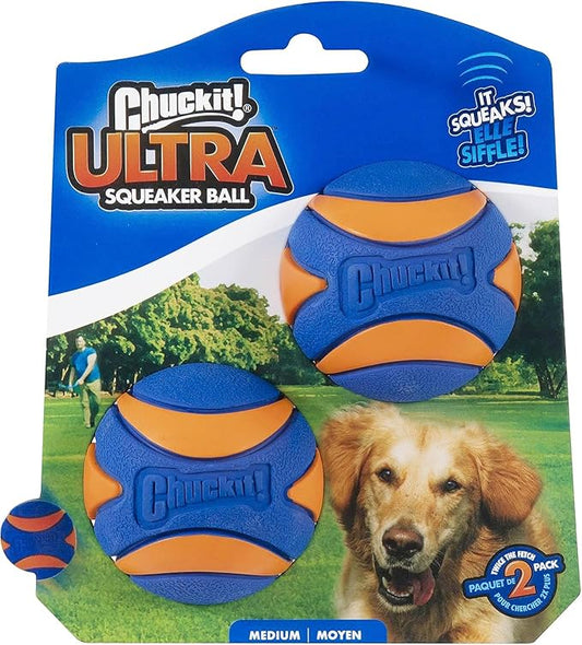 Chuckit! Ultra Squeaker Ball Dog Toy for Medium Breeds - Bouncy Squeaky Fetch Balls for Dogs - Floating Water Pet Toys - Durable Rubber - Size Medium - 2.5" Diameter - Pack of 2