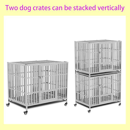 37" 42" 48" Heavy Duty Dog cage Stainless Steel Metal Kennel and Crate, Collapsible for Medium to Large Dogs, Easy to Assemble pet Pen with Four Lockable Wheels, Black Tray (42in)