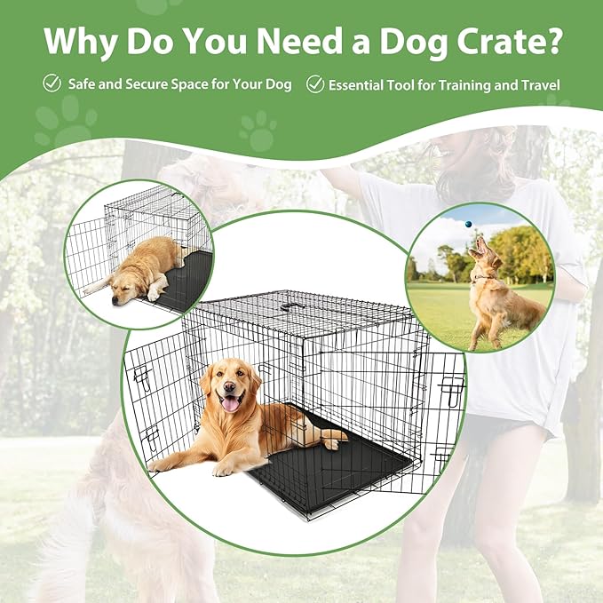 Wire Dog Crate Large 42 inches w/Divider Double Door,Heavy Duty, Collapsible and Portable Folding Metal Kennel, Removable Tray, Indoor/Outdoor,Black