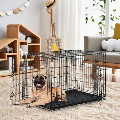 Furniture of America Yucca Metal Double Door Folding Wire Pet Crate with Divider, Removable Tray, and Handle for Outdoor and Indoor Medium Dog, 36-inch, Black