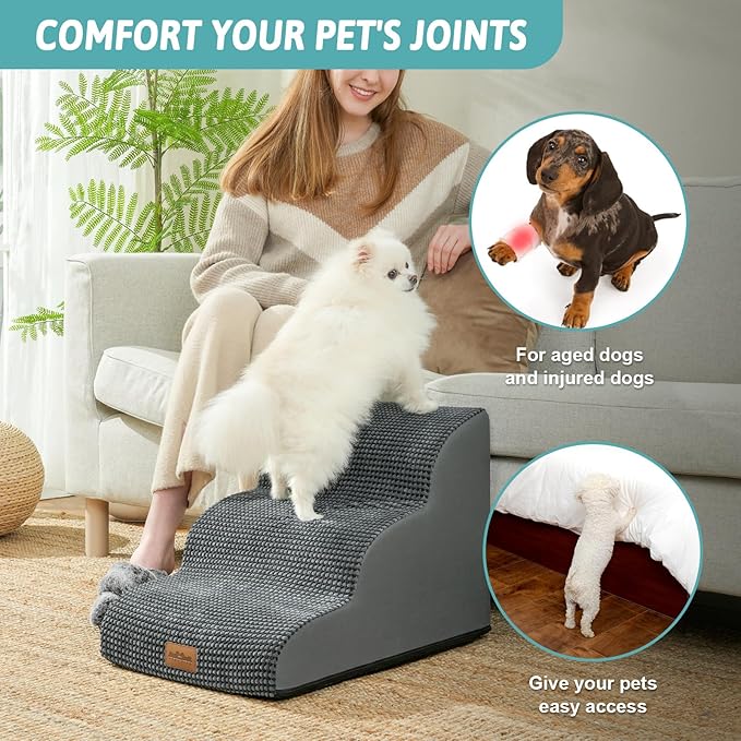 Dog Stairs for Small Dogs, Curved Pet Step with Leakproof Cover, High Density Foam Cat Ramp for Bed or Sofa, Lightweight, Durable, Comfort, 15.7x22.4x15.7 inch, 3 Tiers, Dark Grey