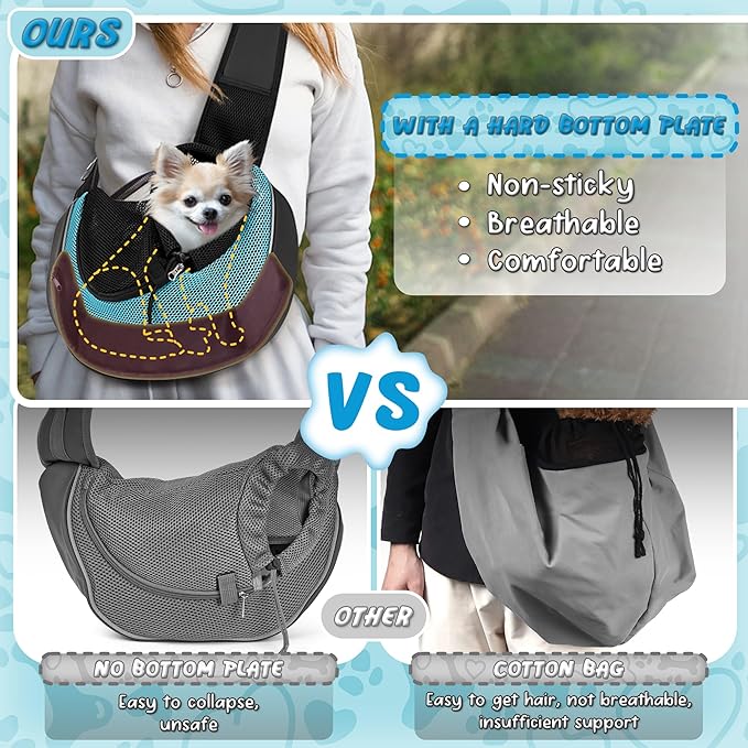 WOYYHO Dog Sling Carrier - Adjustable Strap,Hard Bottom,Large Zip Pocket,Breathable Mesh - Suitable for Puppies Outdoor Travel (Cyan M)