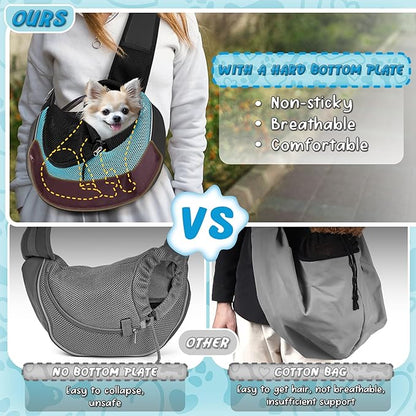 WOYYHO Dog Sling Carrier - Adjustable Strap,Hard Bottom,Large Zip Pocket,Breathable Mesh - Suitable for Puppies Outdoor Travel (Cyan M)