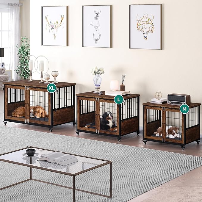 YITAHOME Dog Kennel Furniture with Feeder Bowls, 38.1" Dog Kennel End Table with Wheels and Flip Top, Furniture Style Dog Crate for Medium/Large Dogs, Brown