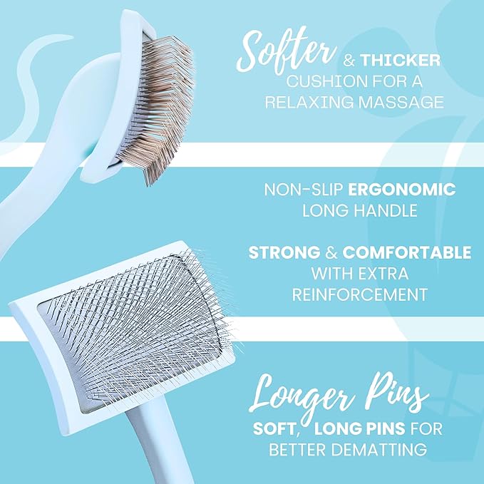 Pet Slicker Brush With Soft Massage Grooming Stainless Steel Pins - For Dematting, Shedding Fur, and Undercoat - Ideal Gift for Professional Pet Groomers - Long Slicker Brush - Flying Pawfect
