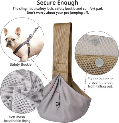 CUBY Dog and Cat Sling Carrier, Hands Free Reversible Pet Papoose Bag, Soft Pouch Adjustable, Suitable for Puppy Cats for Outdoor Travel (Khaki Mesh, one Size mesh)