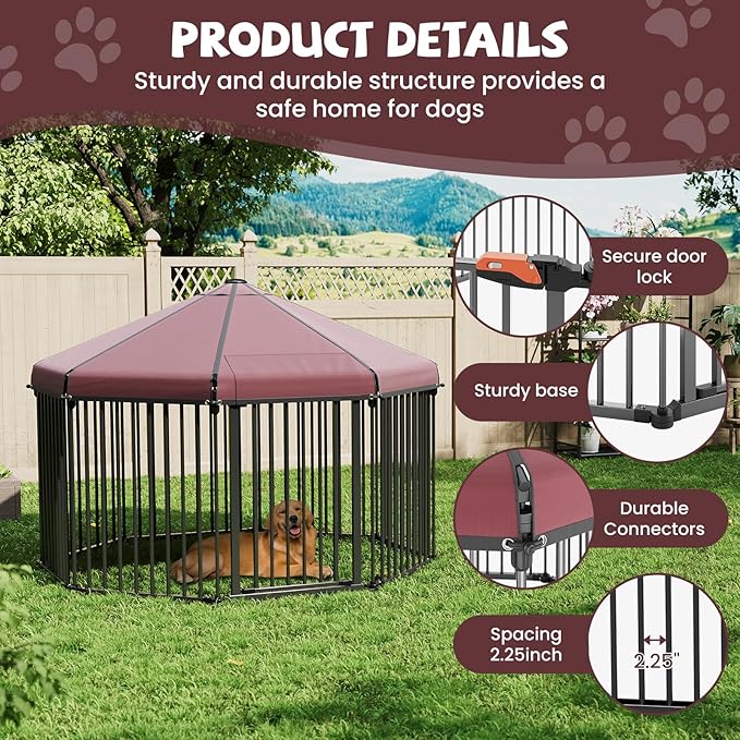 Large Dog Kennel Outside with Roof, Outdoor Dog Kennel with Metal Gate, Heavy Duty Hexagonal Dog Kennel with Lock for OuLarge Dog Kennel Outside with Roof, Outdoor Dog Ketdoor Backyard (4.9x4.9x3.6FT)