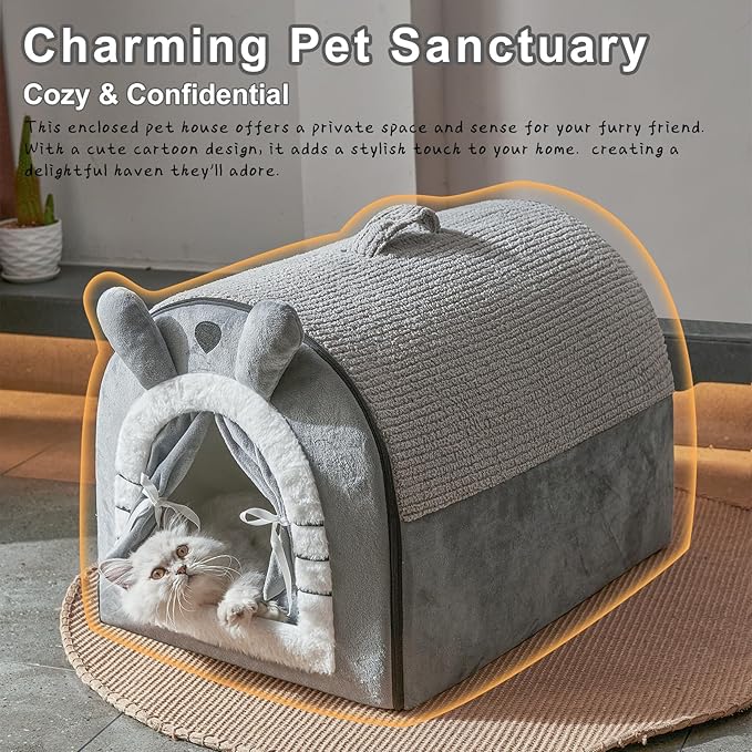 Jiupety Small Dog House Indoor, Dog Cave with Door Curtain Design, Puppy House with Reversible Washable Cushion, M Size Portable Pet Cave for Small Dogs Up to 12 Lbs, Non-Slip Bottom, Grey