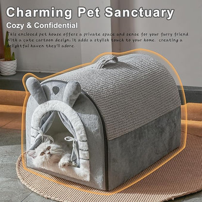 Jiupety Small Dog House Indoor, Dog Cave with Door Curtain Design, Puppy House with Reversible Washable Cushion, M Size Portable Pet Cave for Small Dogs Up to 12 Lbs, Non-Slip Bottom, Grey
