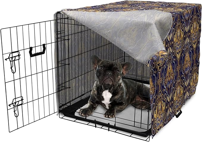 Ambesonne East Dog Crate Cover, Oriental Antique Pattern Foliage Inspirations Geometrical Design, Easy to Use Pet Kennel Cover for Cats & Medium Dogs, 24 Inch, Purple Yellow