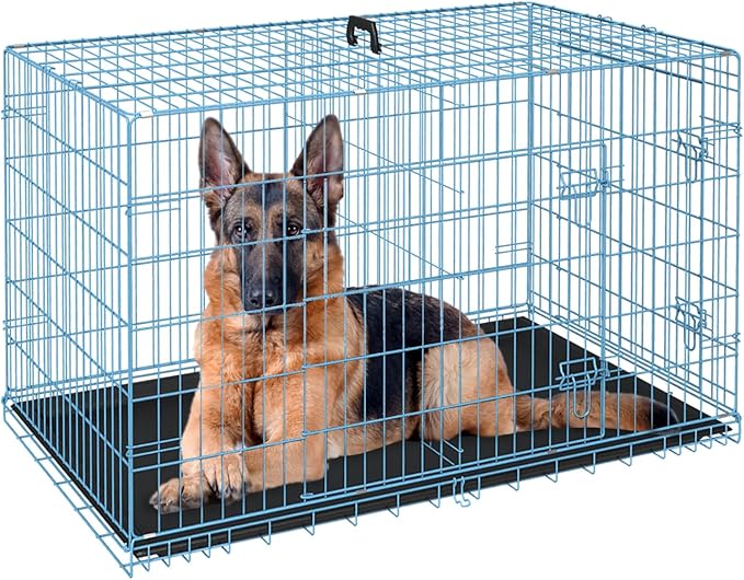 FDW Dog Crate for Large Dogs 48 Inch Folding Metal WirePet Cage Double Door W/Divider Panel Indoor Outdoor Kennel Leak-Proof Plastic Tray,Blue