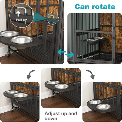 NicBex Dog Crate Furniture Dog Cage with 360 Degree Rotation Height Adjustable Feeding Bowls, Dog Kennels for Inside, Wooden Dog Crate with Lift Panel and Wheels, Antique Brown