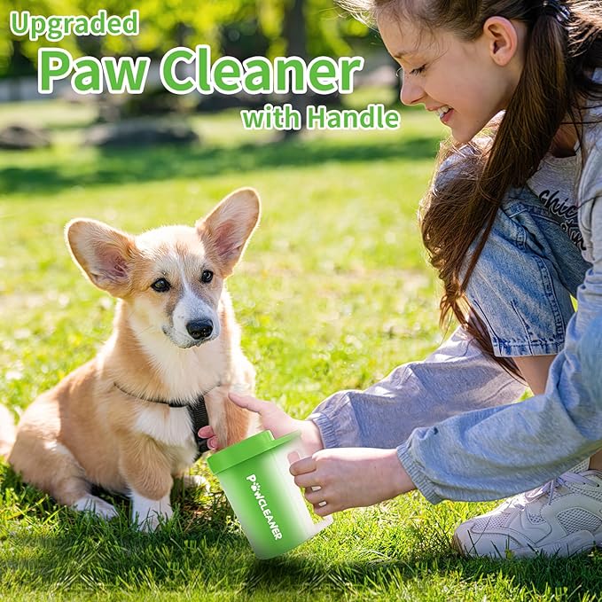 Paw Cleaner with Handle, Absorbent Towels & Adjustable Bath Brush for Medium Dogs (Buddy Muddy Pet Foot Washer, Green)