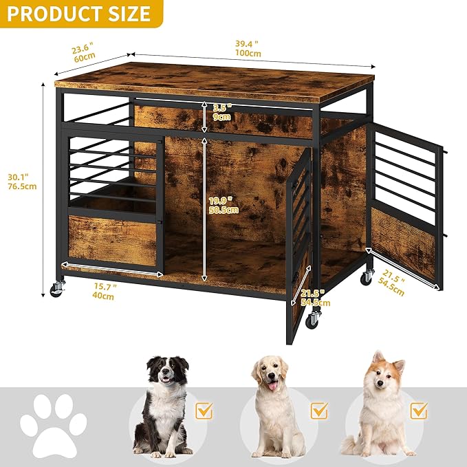 DWVO Dog Crate Furniture, 39 Inch Dog Kennel Indoor Furniture End Table for Dogs, Modern Decorative Wooden Cage with Wheels, Chew-Resistant, Rustic Brown