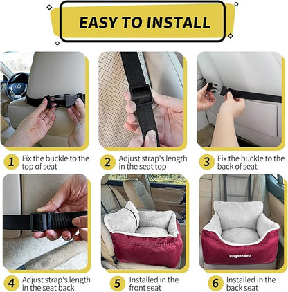 BurgeonNest Dog Car Seat for Small Dogs, Fully Detachable and Washable Carseats Under 25, Soft Booster Seats with Storage Pockets Clip-On Leash Portable Travel Carrier Bed Red (dbs-r)