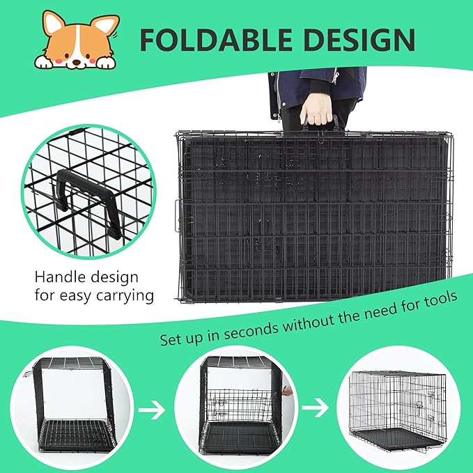 FDW 24 inch Dog Crate Dog Kennel Cage with Double Door Folding Metal Wire Dog Cage with Removable Tray&Divider Panel,Pet Crate for Small Dogs,Black