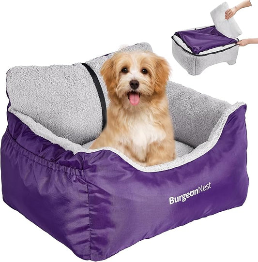 BurgeonNest Dog Car Seat for Small Dogs, Fully Detachable and Washable Carseats Under 25, Soft Booster Seats with Storage Pockets Clip-On Leash Portable Travel Carrier Bed Purple (dbs-p)