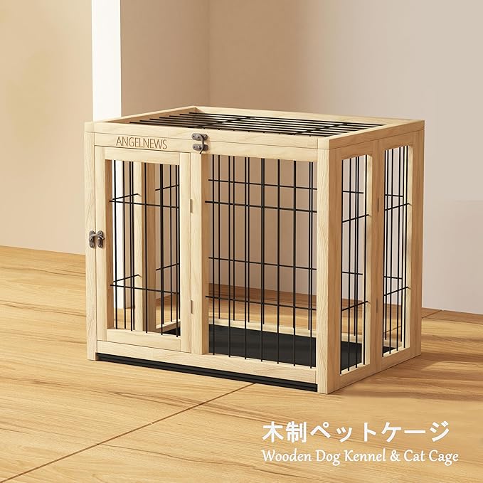 Wooden Folding Pet Cage Puppy Kennel & Cat Cage with Flippable Roof and Removable Tray, Indoor Dog Crate Furniture, Easy Assemble Easy Storing (M)
