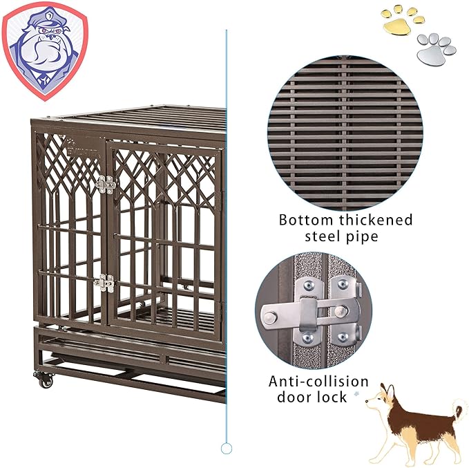 SMONTER 38in Heavy Duty Strong Metal Dog Cage Pet Kennel Crate Playpen with Wheels, Y Shape, Brown